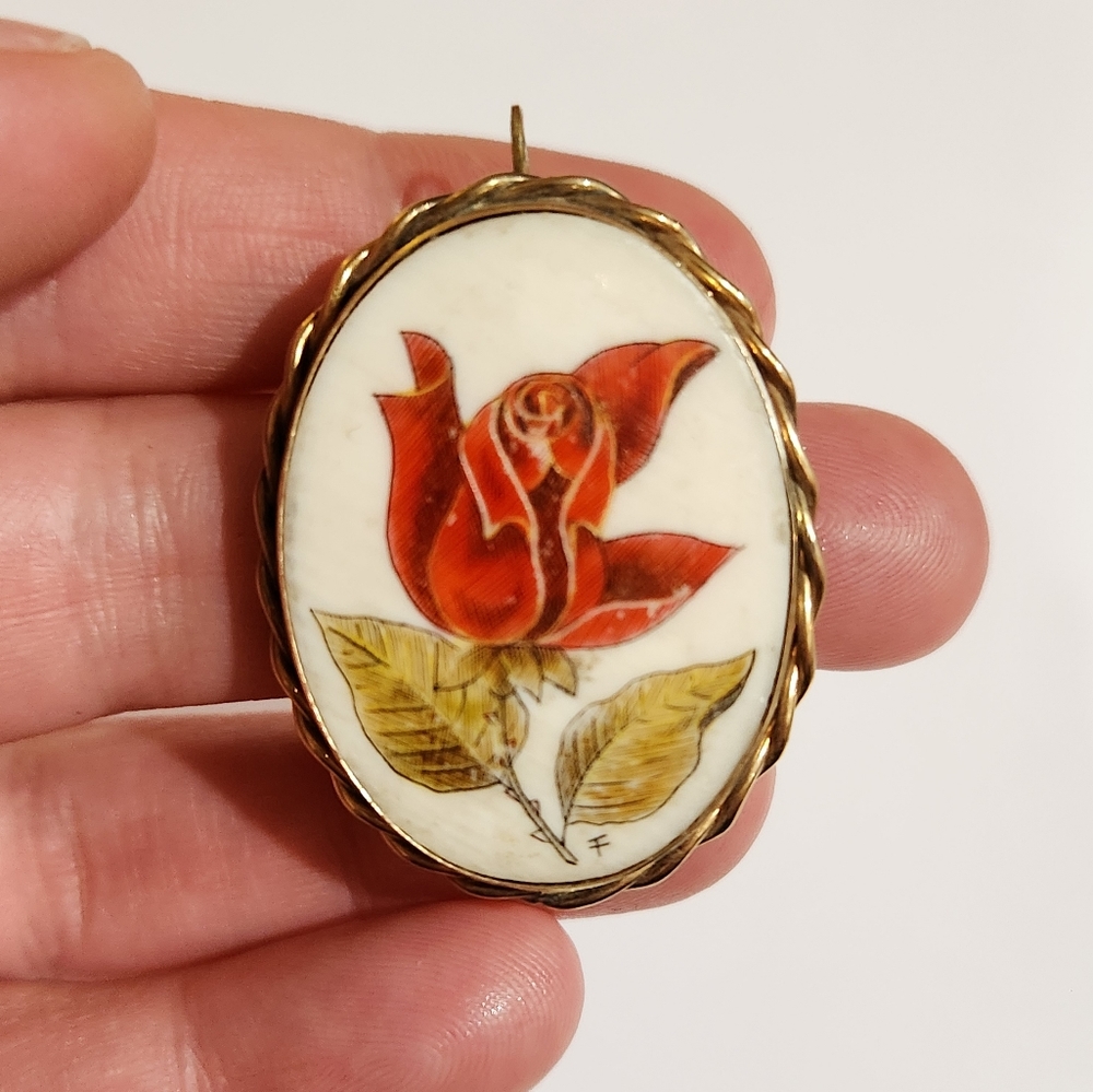 Vintage Hand Painted Gold Filled Floral Brooch